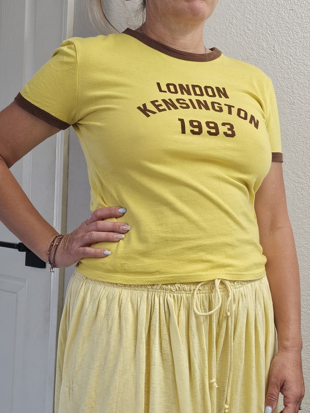 Women's Zara Yellow & Brown Short Sleeve Fitted Ringer London Kensington 1993.